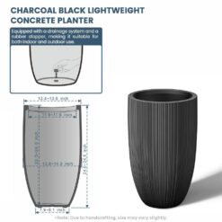 Sapcrete Light-Weight Textured 13.5 in. x 24.5in. Charcoal Black Large Tall Round Concrete Plant Pot/Planter for Indoor & Outdoor