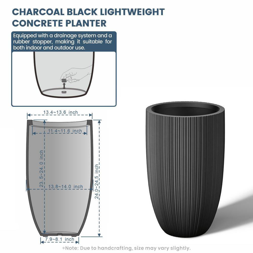 Sapcrete Light-Weight Textured 13.5 in. x 24.5in. Charcoal Black Large Tall Round Concrete Plant Pot/Planter for Indoor & Outdoor