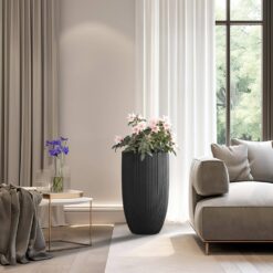 Sapcrete Light-Weight Textured 13.5 in. x 24.5in. Charcoal Black Large Tall Round Concrete Plant Pot/Planter for Indoor & Outdoor
