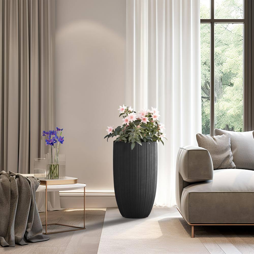 Sapcrete Light-Weight Textured 13.5 in. x 24.5in. Charcoal Black Large Tall Round Concrete Plant Pot/Planter for Indoor & Outdoor