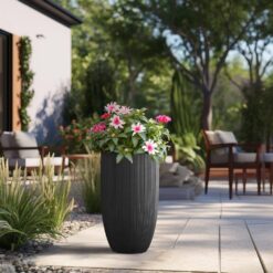 Sapcrete Light-Weight Textured 13.5 in. x 24.5in. Charcoal Black Large Tall Round Concrete Plant Pot/Planter for Indoor & Outdoor