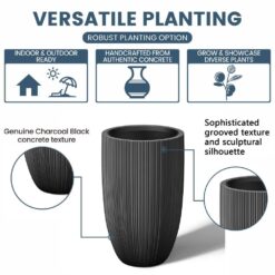 Sapcrete Light-Weight Textured 13.5 in. x 24.5in. Charcoal Black Large Tall Round Concrete Plant Pot/Planter for Indoor & Outdoor