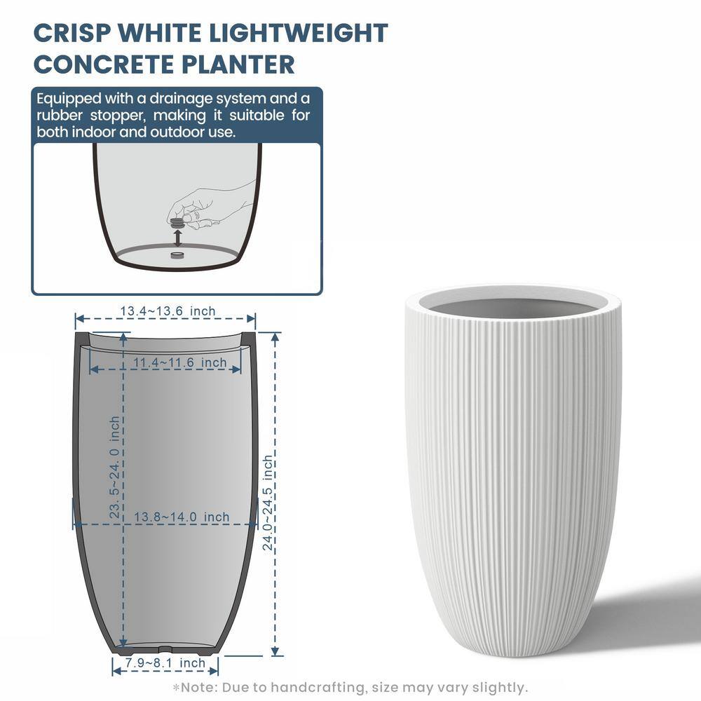 Sapcrete Light-Weight Textured 13.5 in. x 24.5 in. Crisp White Large Tall Round Concrete Plant Pot/Planter for Indoor & Outdoor