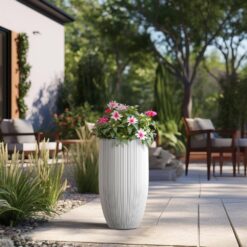 Sapcrete Light-Weight Textured 13.5 in. x 24.5 in. Crisp White Large Tall Round Concrete Plant Pot/Planter for Indoor & Outdoor