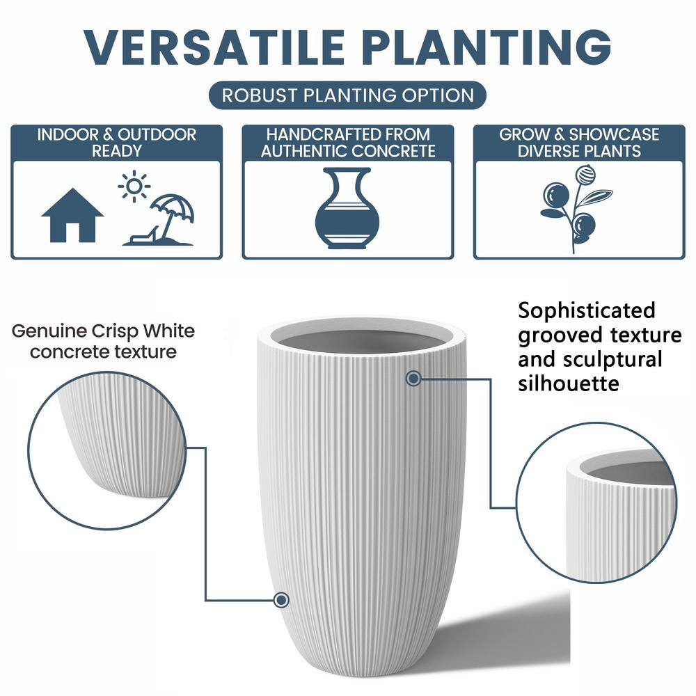 Sapcrete Light-Weight Textured 13.5 in. x 24.5 in. Crisp White Large Tall Round Concrete Plant Pot/Planter for Indoor & Outdoor