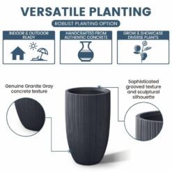Sapcrete Lightweight Textured 13.5 in. x 24.5 in. Granite Gray Large Tall Round Concrete Plant Pot/Planter for Indoor and Outdoor