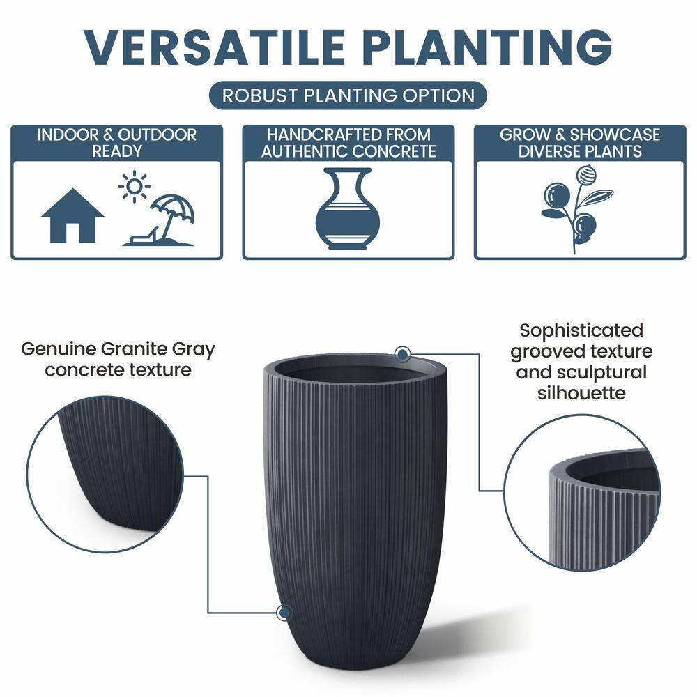 Sapcrete Lightweight Textured 13.5 in. x 24.5 in. Granite Gray Large Tall Round Concrete Plant Pot/Planter for Indoor and Outdoor