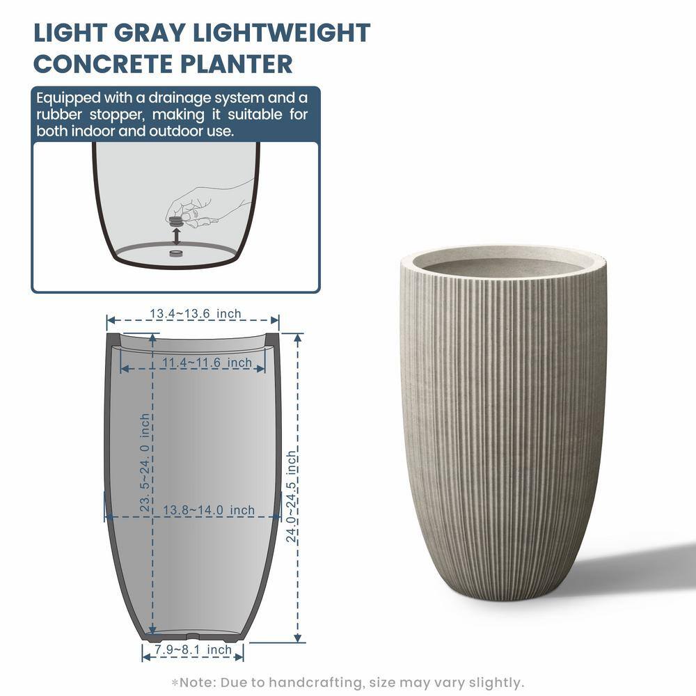 Sapcrete Lightweight Textured 13.5 in. x 24.5 in. Light Gray Large Tall Round Concrete Plant Pot/Planter for Indoor and Outdoor