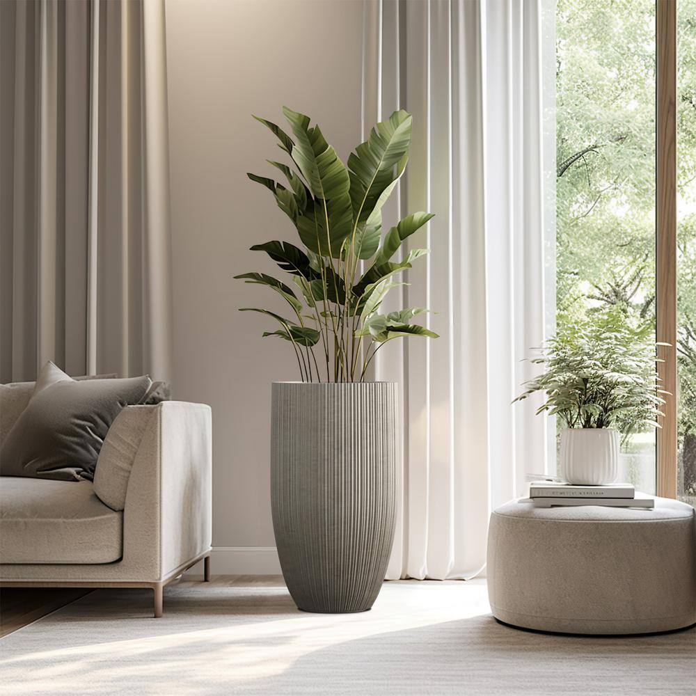 Sapcrete Lightweight Textured 13.5 in. x 24.5 in. Light Gray Large Tall Round Concrete Plant Pot/Planter for Indoor and Outdoor