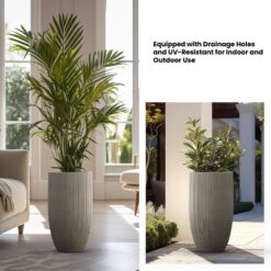 Sapcrete Lightweight Textured 13.5 in. x 24.5 in. Light Gray Large Tall Round Concrete Plant Pot/Planter for Indoor and Outdoor