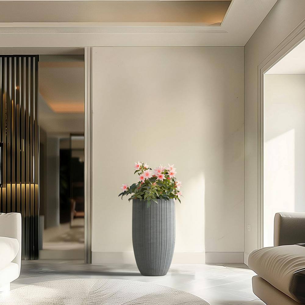 Sapcrete Lightweight Textured 13.5 in. x 24.5 in. Stone Finish Large Tall Round Concrete Plant Pot/Planter for Indoor and Outdoor