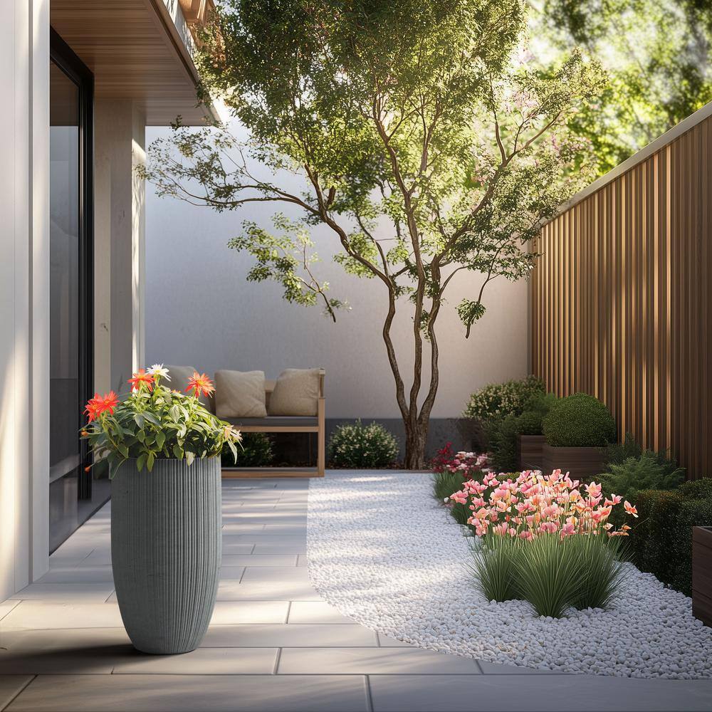 Sapcrete Lightweight Textured 13.5 in. x 24.5 in. Stone Finish Large Tall Round Concrete Plant Pot/Planter for Indoor and Outdoor