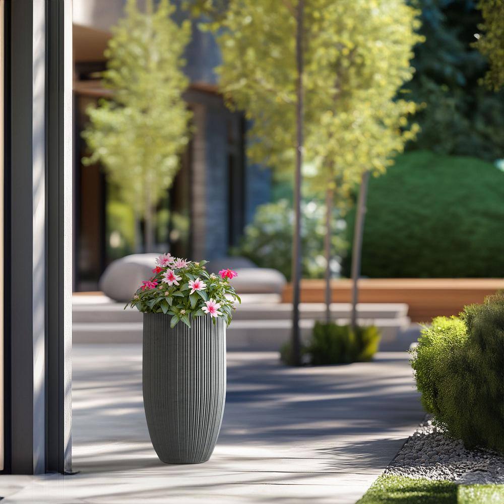 Sapcrete Lightweight Textured 13.5 in. x 24.5 in. Stone Finish Large Tall Round Concrete Plant Pot/Planter for Indoor and Outdoor