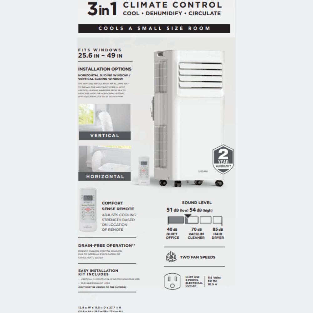 Vissani 5,000 BTU 115-Volt 3-in-1 Portable Air Conditioner Unit Cools up to 150 sq. ft. with Dehumidifier and Remote in White