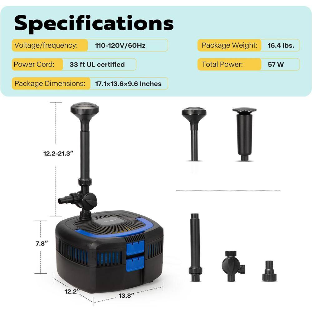 VIVOHOME 1370 GPH 4-in-1-Pond Pump with Filter, Fountain, and 13-Watt Light, up to 2113 Gal.