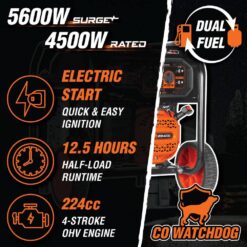WEN 5,600-Watt Dual Fuel Portable Gasoline Generator with Wheel Kit, Electric Start, and CO Watchdog