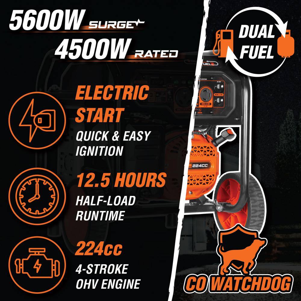 WEN 5,600-Watt Dual Fuel Portable Gasoline Generator with Wheel Kit, Electric Start, and CO Watchdog