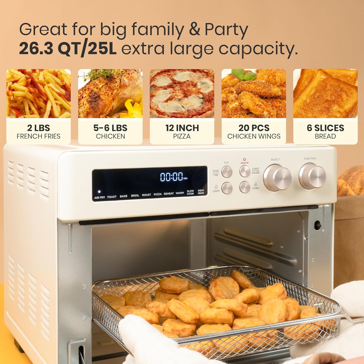 VAL CUCINA Retro Style Infrared Heating Air Fryer Toaster Oven, Extra Large Countertop Convection Oven, Almond Yellow Color