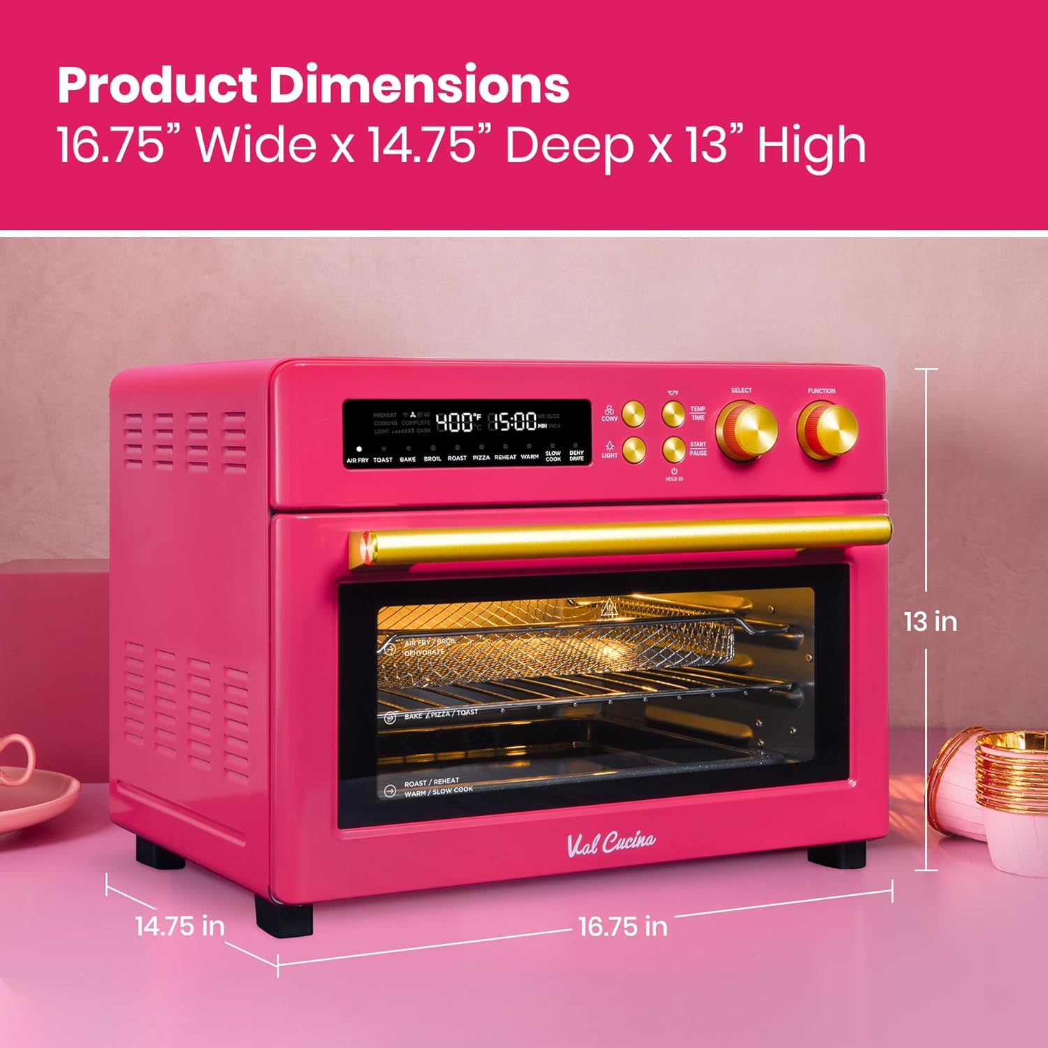 VAL CUCINA Limited Edition Happy Pink Infrared Heating Air Fryer Toaster Oven, Extra Large Countertop Convection Oven