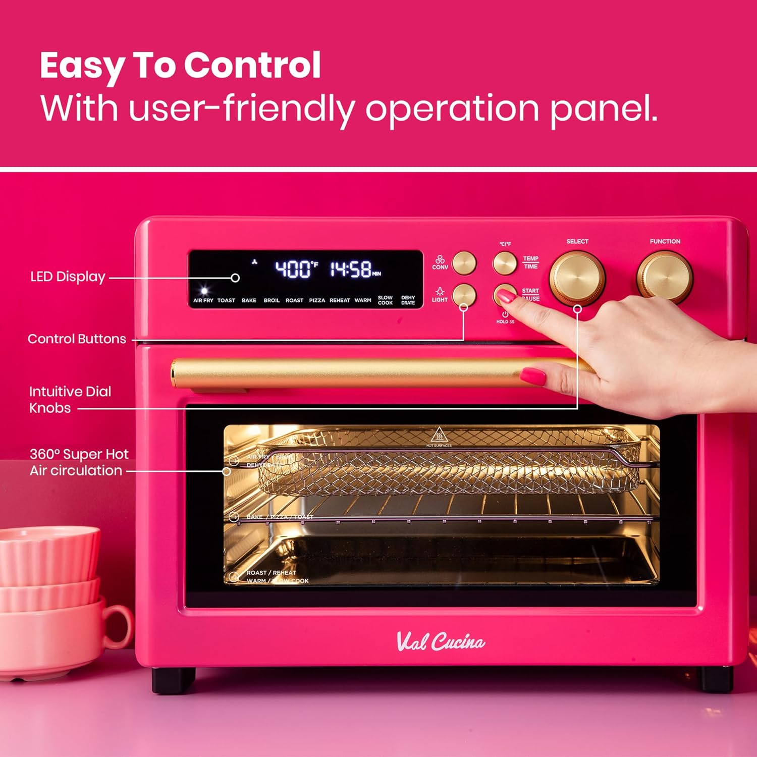 VAL CUCINA Limited Edition Happy Pink Infrared Heating Air Fryer Toaster Oven, Extra Large Countertop Convection Oven