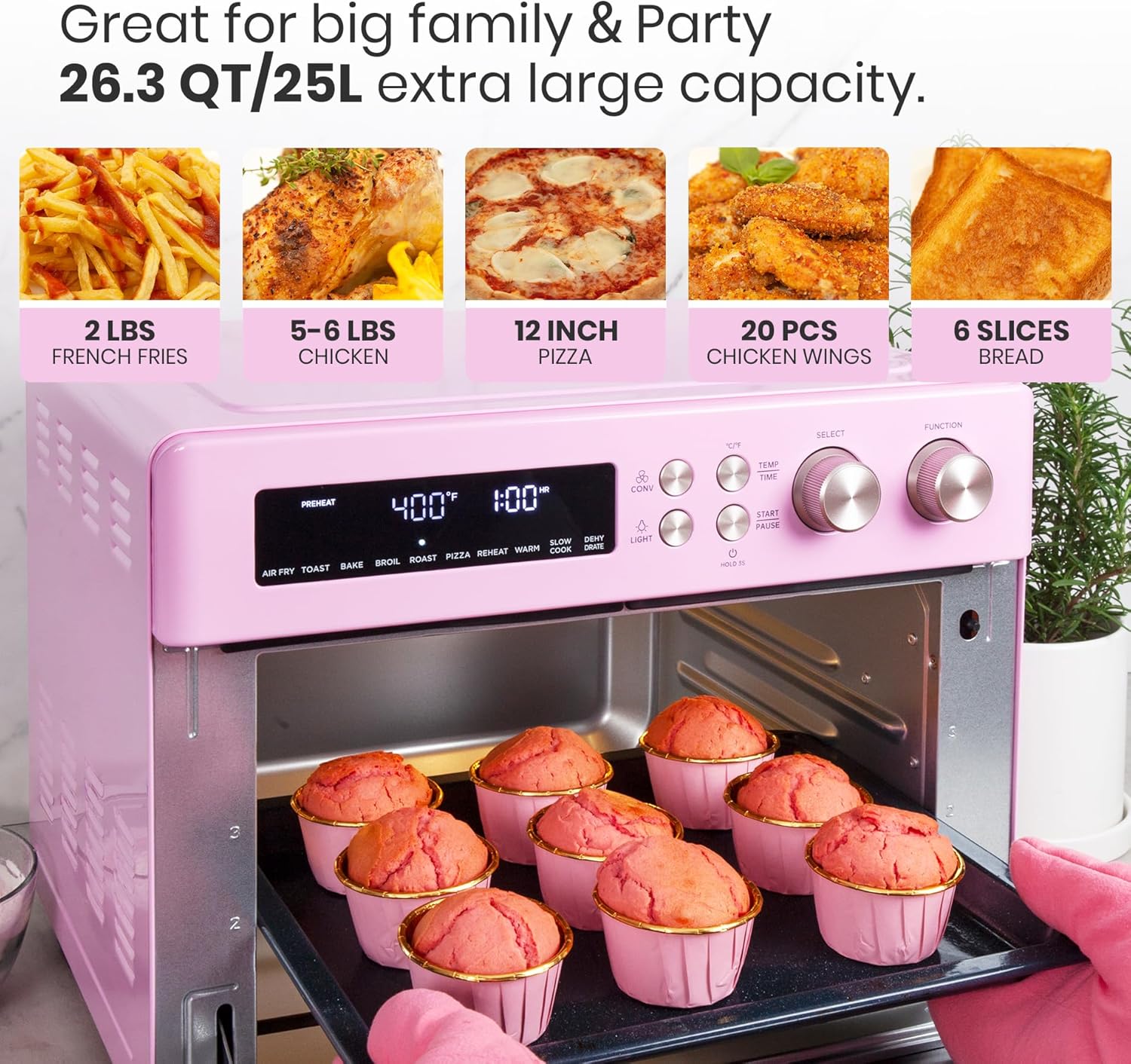 VAL CUCINA Retro Style Infrared Heating Air Fryer Toaster Oven, Extra Large Countertop Convection Oven, Classic Pink Color