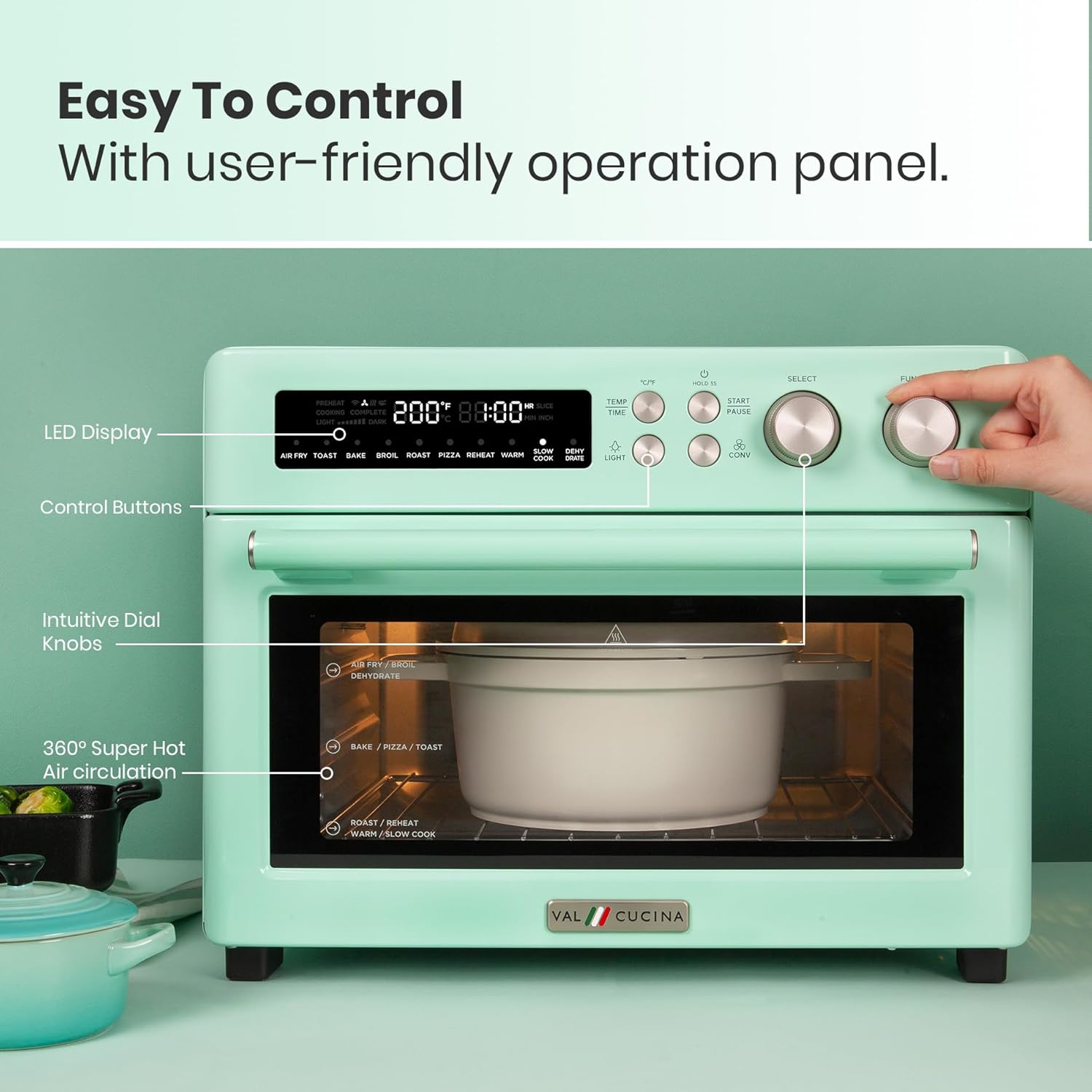 VAL CUCINA Retro Style Infrared Heating Air Fryer Toaster Oven, Extra Large Countertop Convection Oven, Green Color