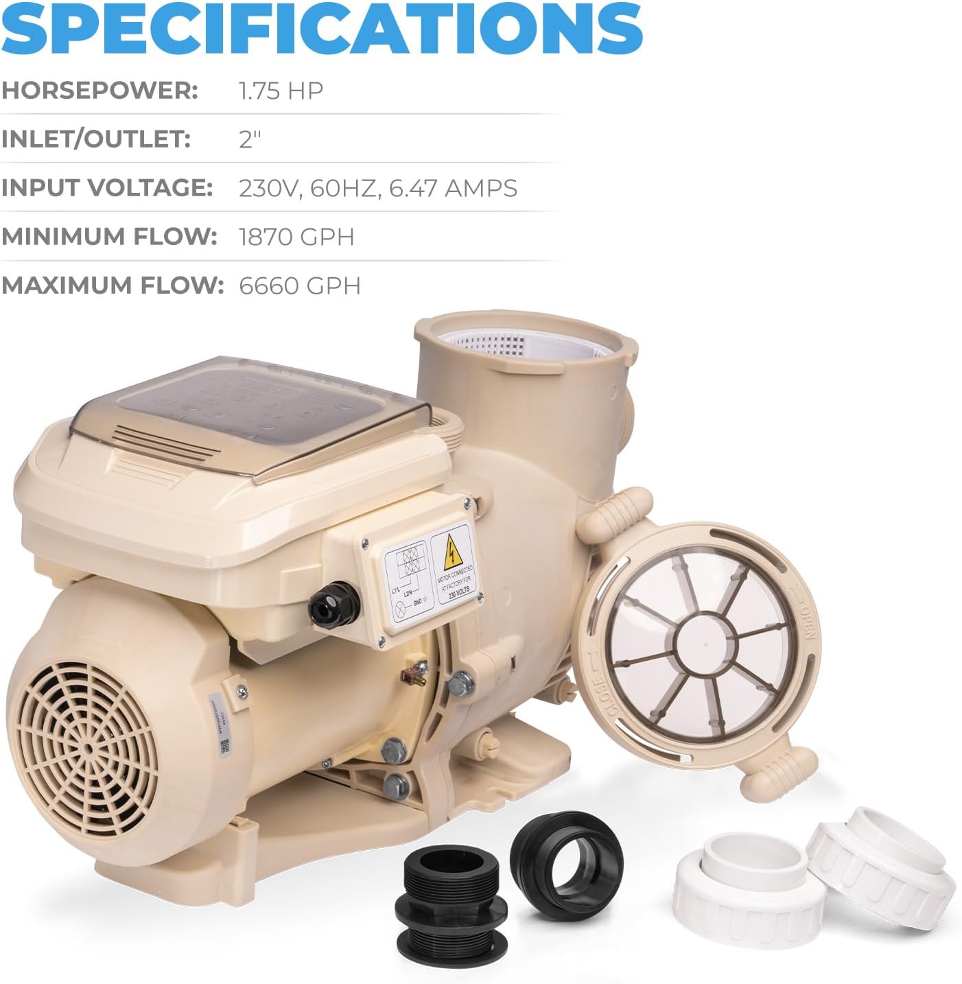 XtremepowerUS 1.75 HP Variable Speed Swimming Pool Pump 230V, In-Ground Pool, 6,660 GPH with 2" inch Fitting Included Filter Basket Self Priming
