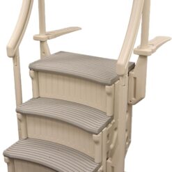 Confer Plastics Curved Drop-in Inground Pool Step 3 Tread Stair Entry System w/ 2 Handrails & Adjustable Mounting Brackets - Base Step, Grey Treads