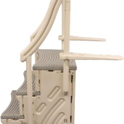 Confer Plastics Curved Drop-in Inground Pool Step 3 Tread Stair Entry System w/ 2 Handrails & Adjustable Mounting Brackets - Base Step, Grey Treads