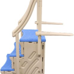 Confer Plastics Curved Drop-in Inground Pool Step 3 Tread Stair Entry System w/ 2 Handrails & Adjustable Mounting Brackets - Base Step, Blue Treads