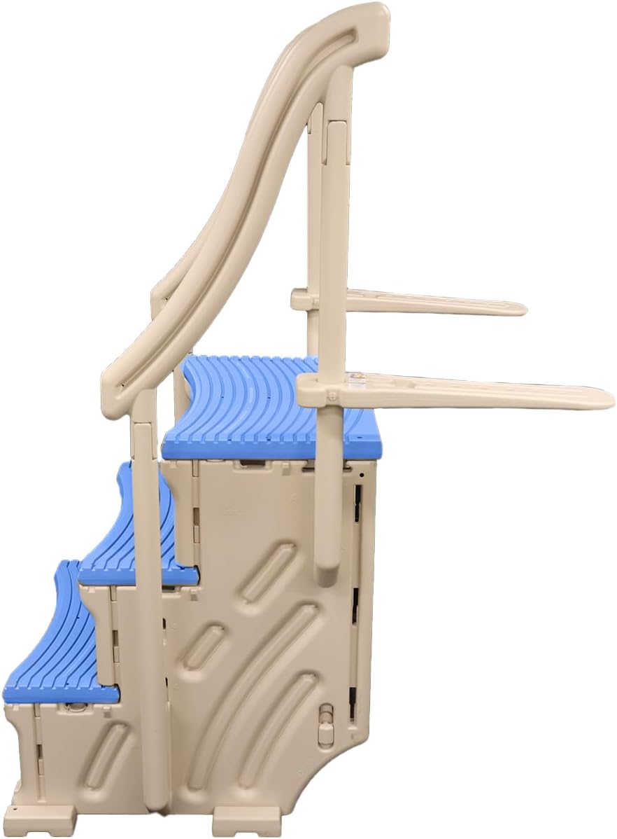 Confer Plastics Curved Drop-in Inground Pool Step 3 Tread Stair Entry System w/ 2 Handrails & Adjustable Mounting Brackets - Base Step, Blue Treads