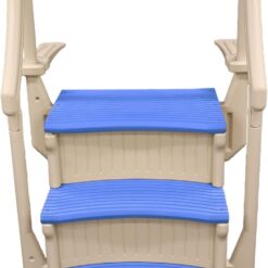 Confer Plastics Curved Drop-in Inground Pool Step 3 Tread Stair Entry System w/ 2 Handrails & Adjustable Mounting Brackets - Base Step, Blue Treads