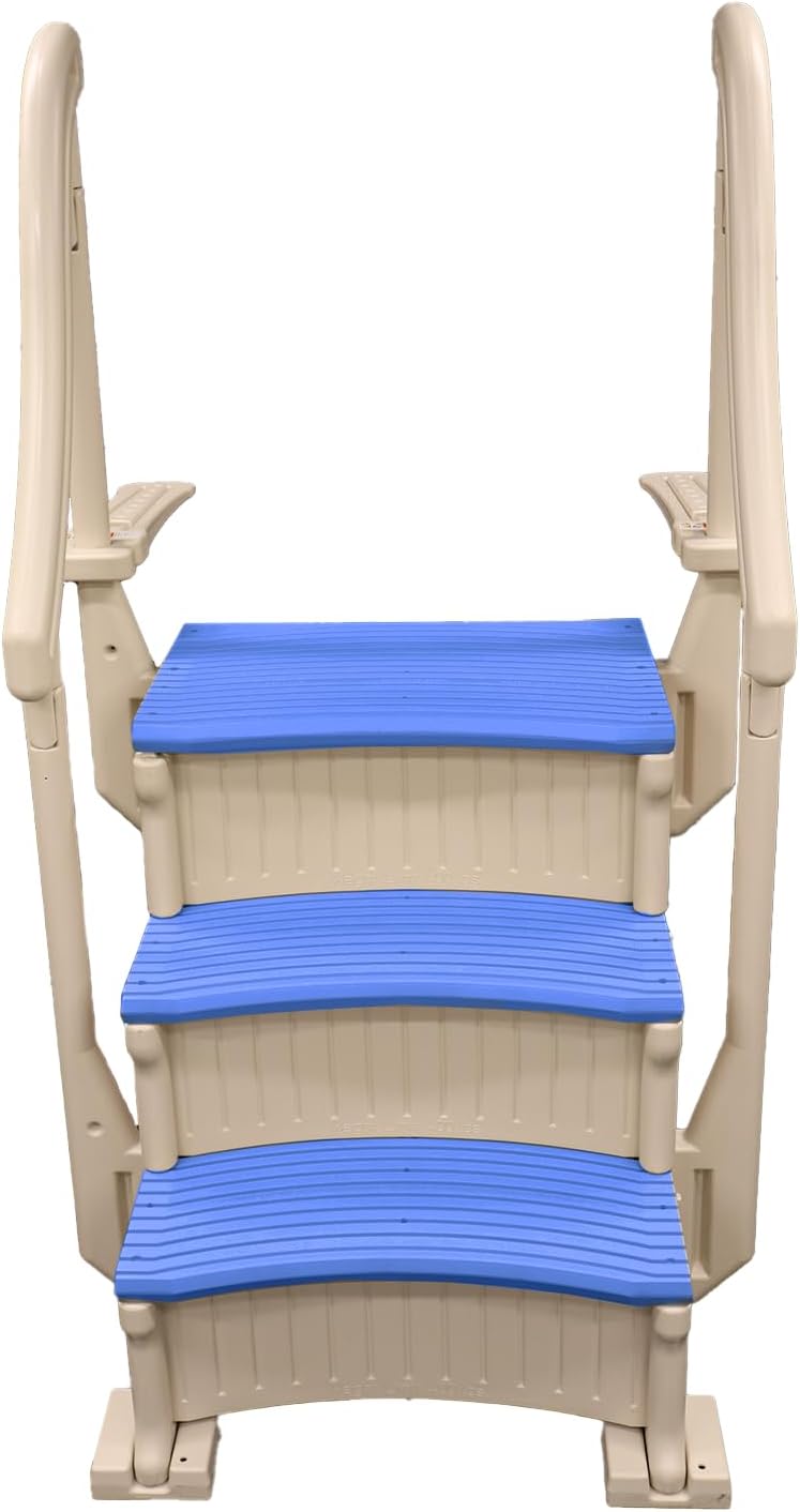 Confer Plastics Curved Drop-in Inground Pool Step 3 Tread Stair Entry System w/ 2 Handrails & Adjustable Mounting Brackets - Base Step, Blue Treads