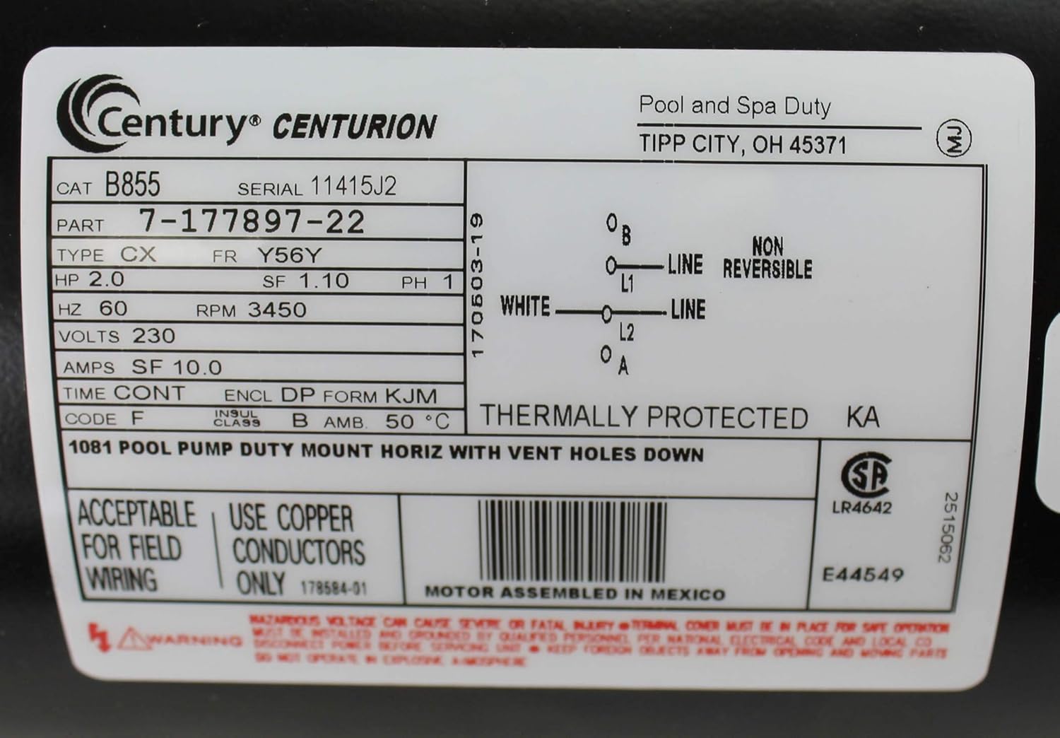Century Electric B855 2-Horsepower 56Y-Frame Up-Rated Square Flange Replacement Motor (Formerly A.O. Smith)