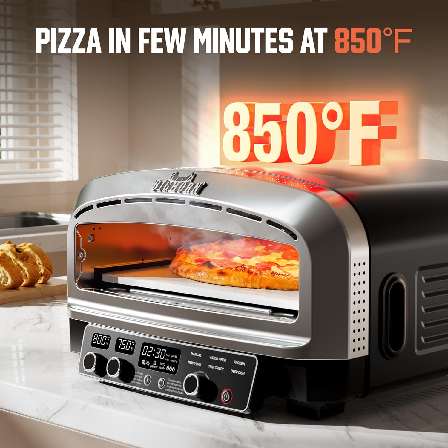 BIG HORN OUTDOORS Pizza Oven Indoor, 14 Inch Electric Countertop Oven, Stainless Steel
