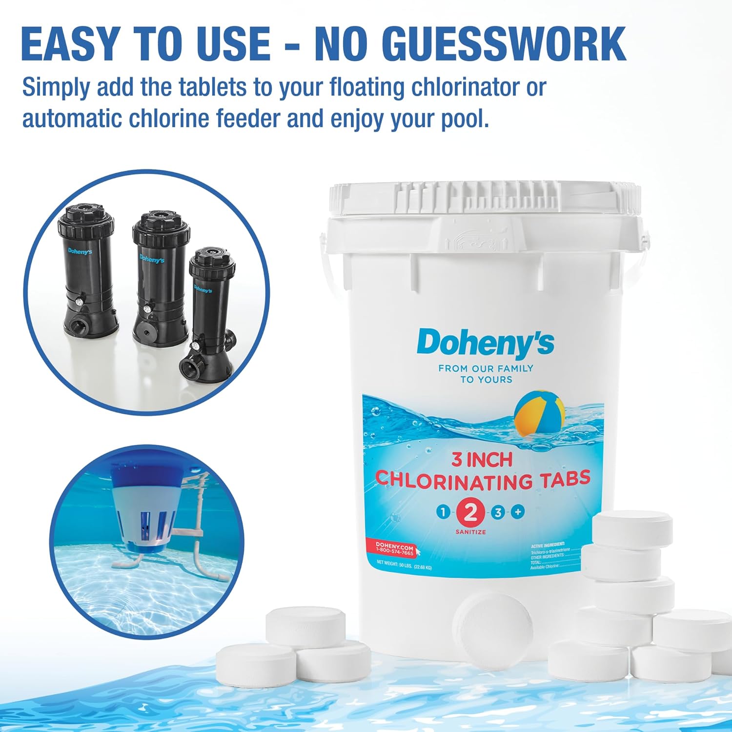 Doheny’s 3-Inch Stabilized Chlorine Tablets for Sanitizing Swimming Pools | Individually Wrapped 100lb Bucket