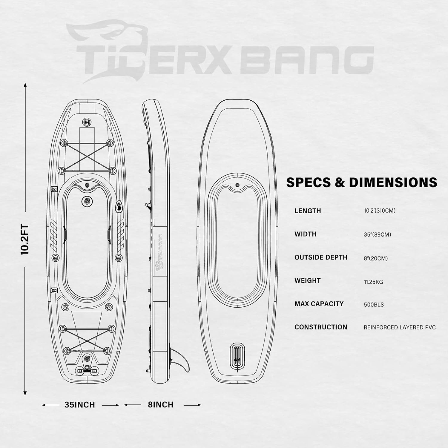 TIGERXBANG 10.2'x35''x8'' Inflatable Kayak with Detachable Seat, SUP-Kayak Set Includes Hand Pump/Aluminum Oar/Backpack