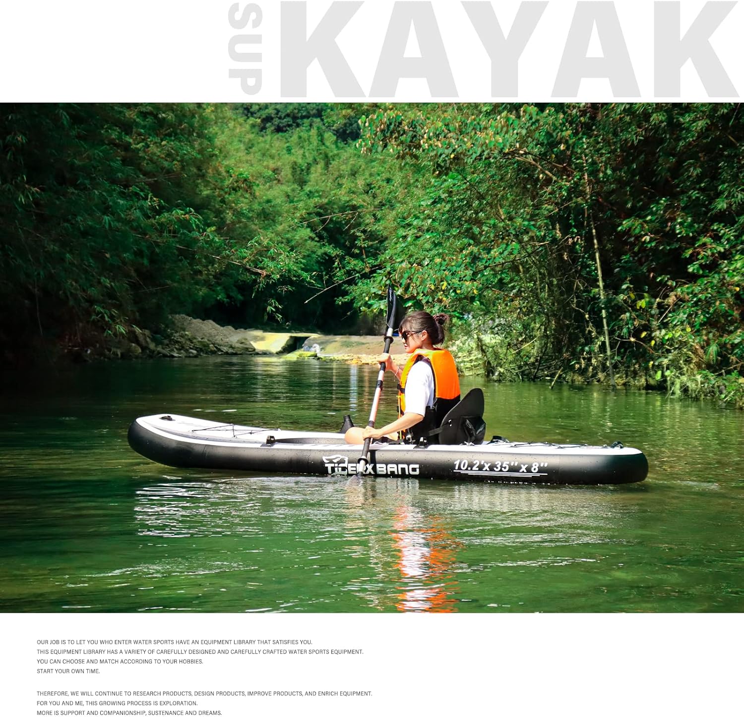 TIGERXBANG 10.2'x35''x8'' Inflatable Kayak with Detachable Seat, SUP-Kayak Set Includes Hand Pump/Aluminum Oar/Backpack
