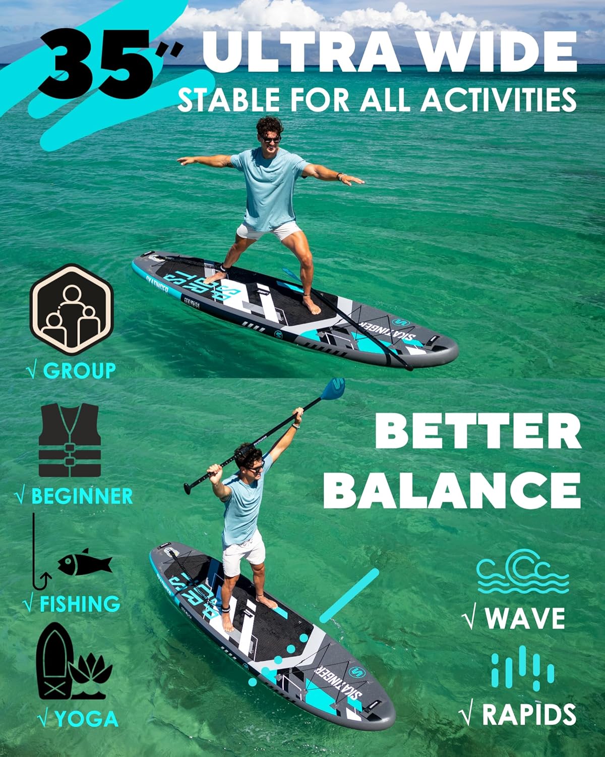 Skatinger 11'6×35" Super Wide Inflatable Paddle Board, Ultra Stable Stand Up Paddleboards