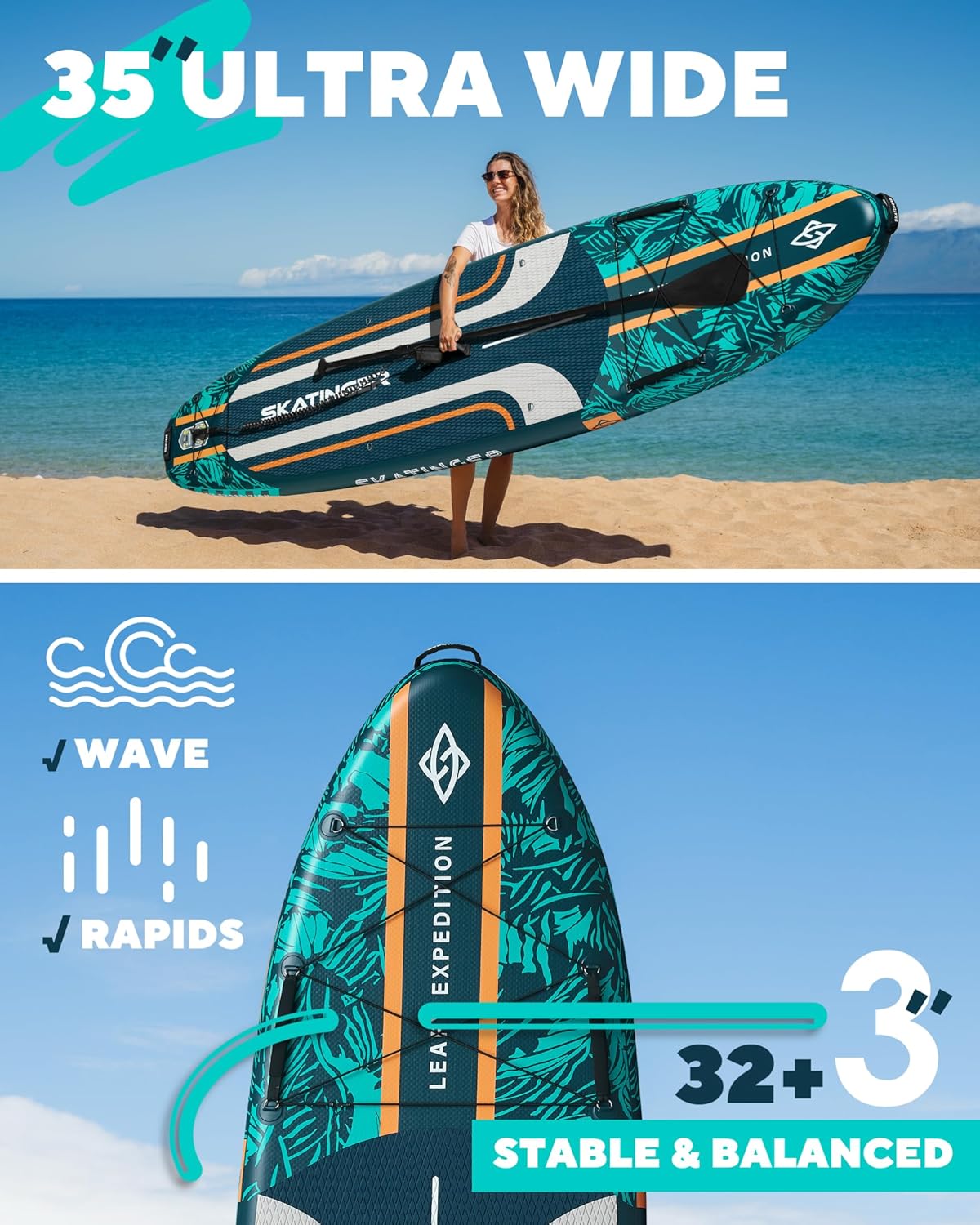 Skatinger 11'6×35" Super Wide Inflatable Paddle Board, Ultra Stable Stand Up Paddleboards, leafy green