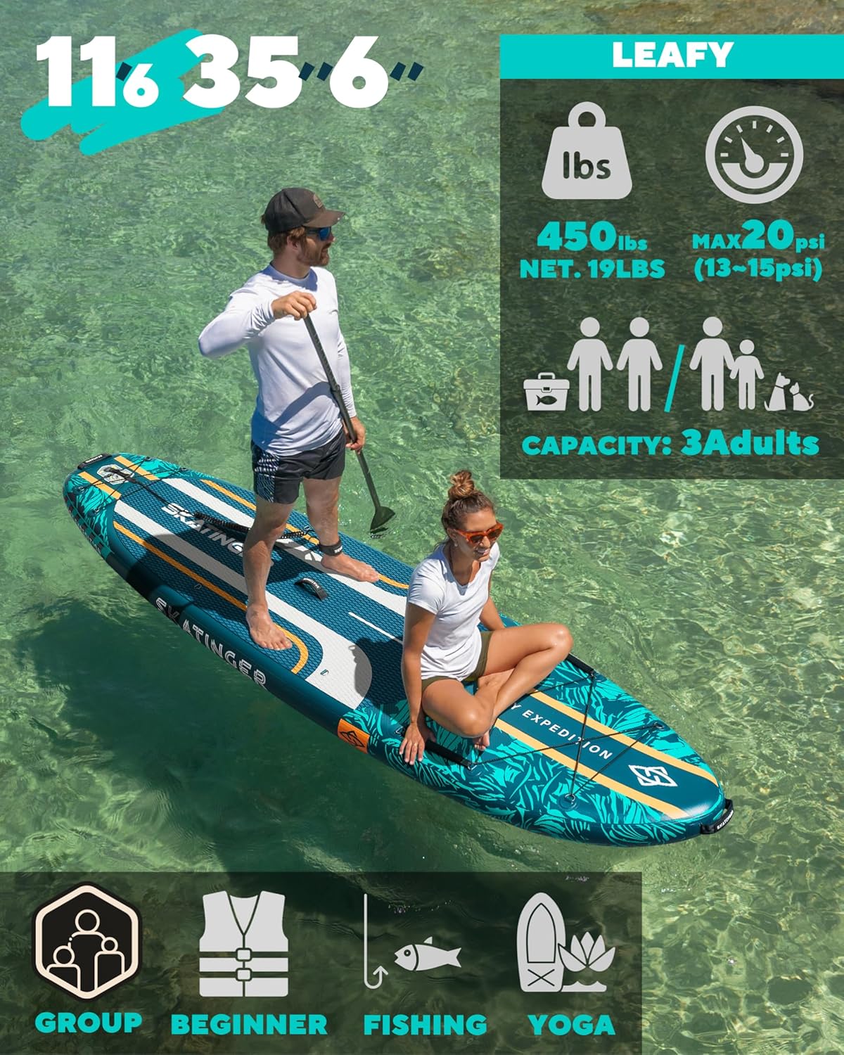 Skatinger 11'6×35" Super Wide Inflatable Paddle Board, Ultra Stable Stand Up Paddleboards, leafy green
