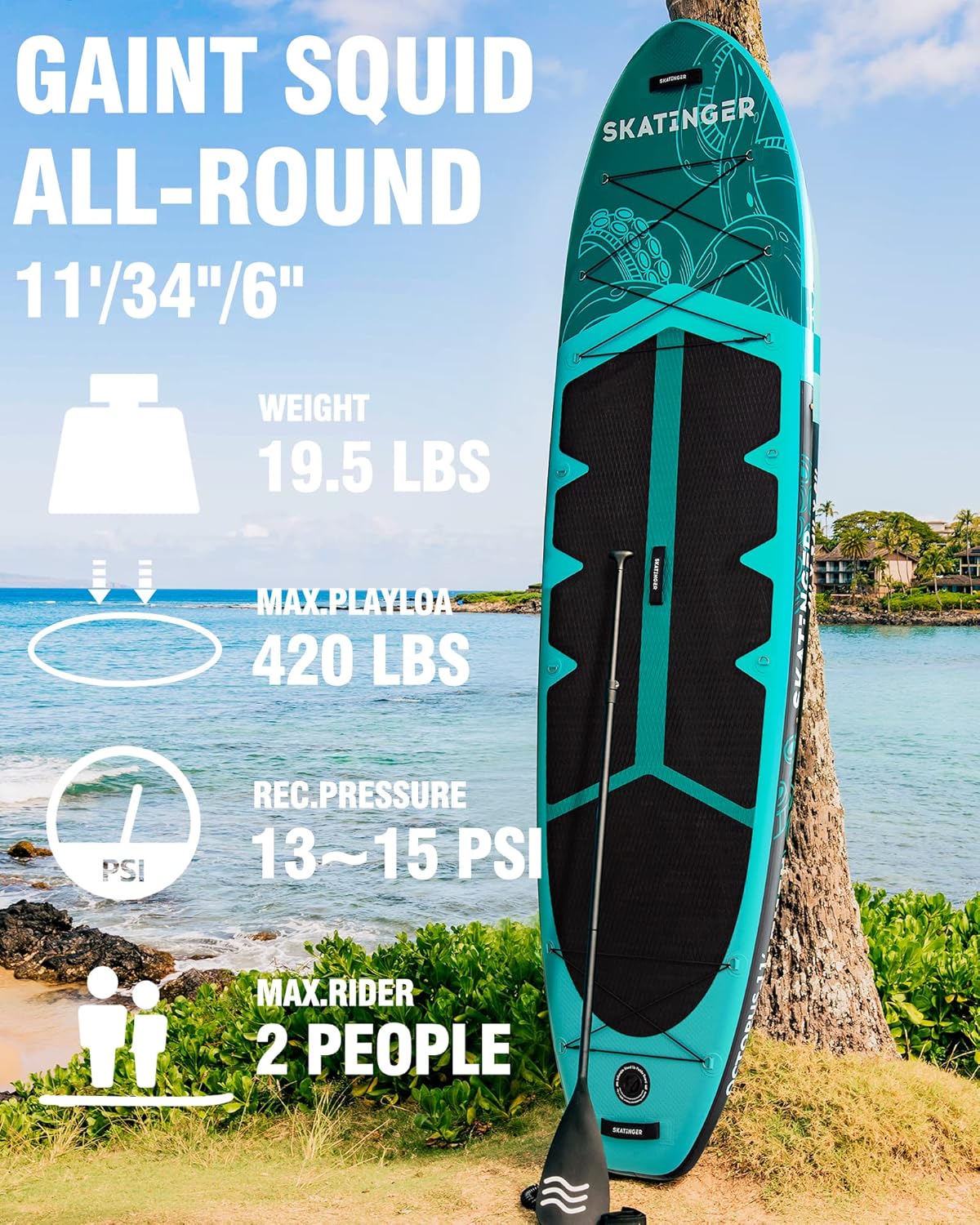 Skatinger 11'x34'' Extra Wide Inflatable Paddle Board, Up to 420lbs Stand-up Paddle Boards for Adults, Stable SUP