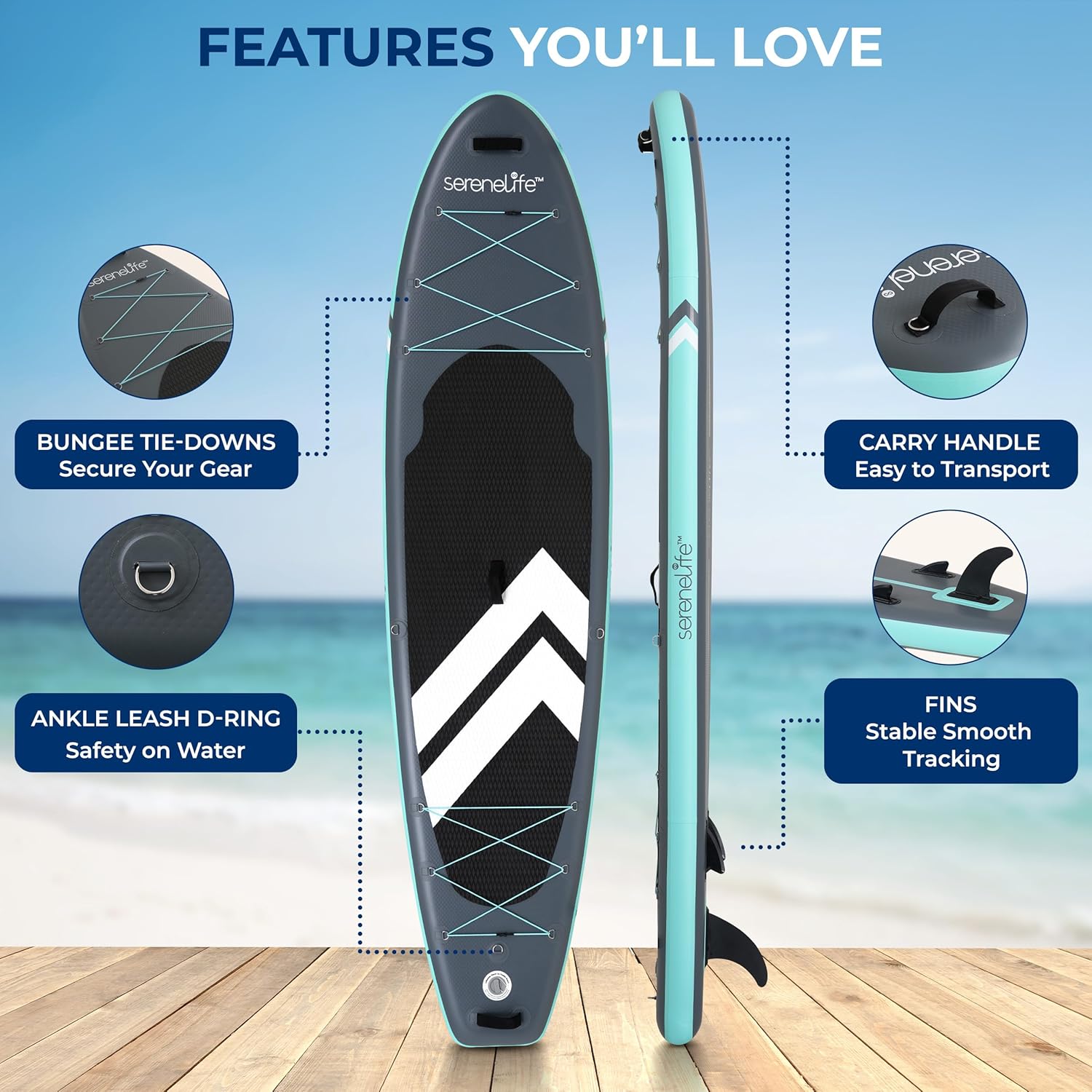 SereneLife Ultra-Light Inflatable Stand Up Paddle Board with Premium SUP Accessories - 350 lbs Capacity