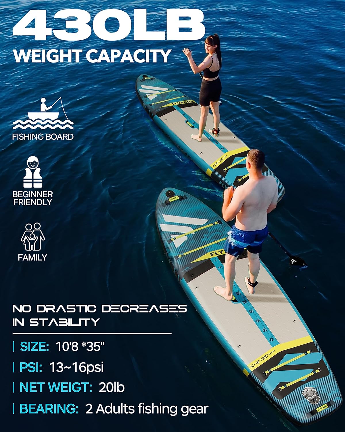 FLYPARK 10'8/11'x35'' Fishing&Family Stable Inflatable Paddle Boards, Extra Wide SUP Paddleboard Inflatable, 430lb/3 People