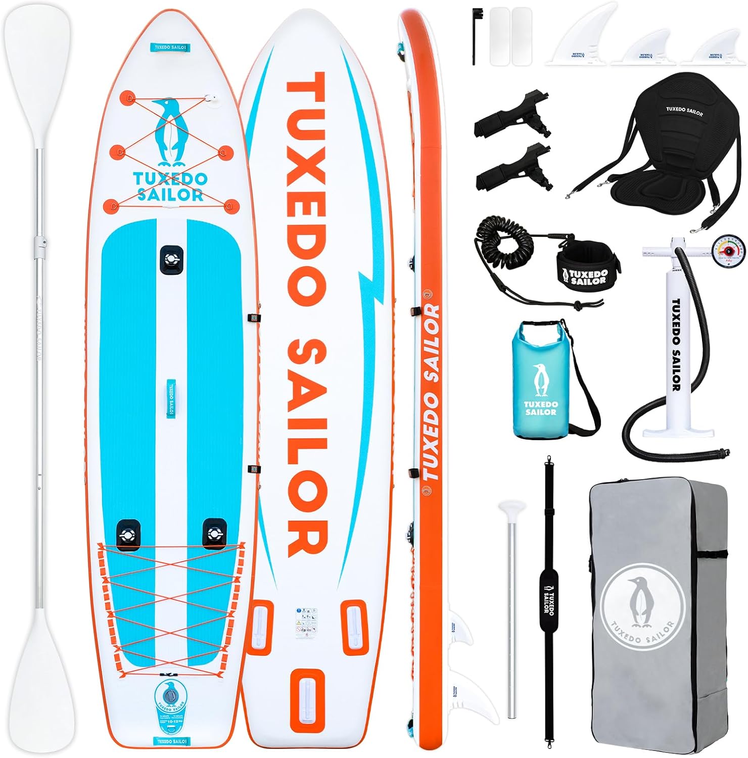 Tuxedo Sailor Inflatable Stand Up Paddle Board with Complete Accessories for Surfing and Traveling