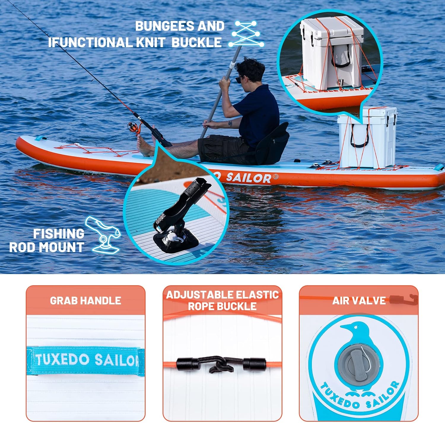 Tuxedo Sailor Inflatable Stand Up Paddle Board with Complete Accessories for Surfing and Traveling
