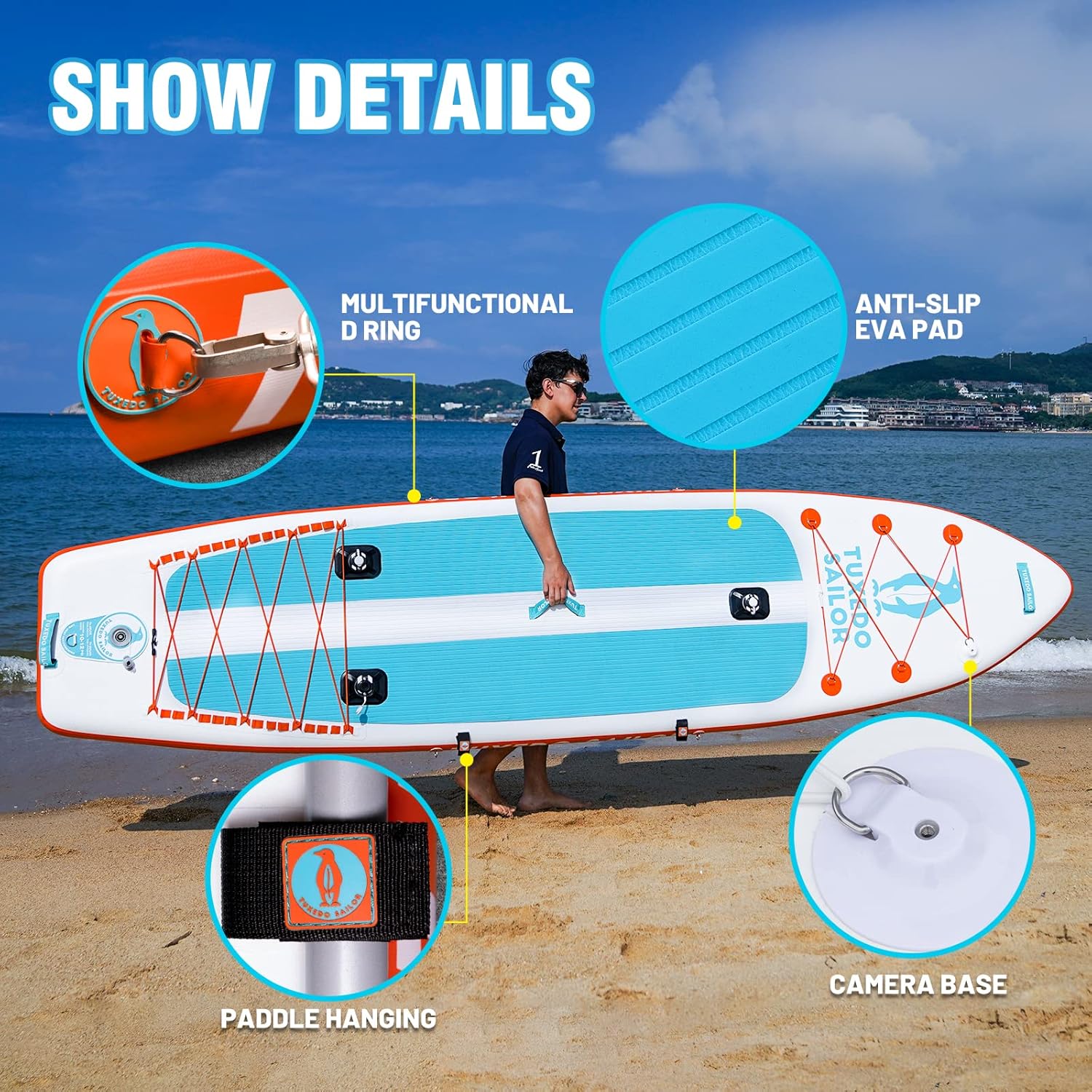 Tuxedo Sailor Inflatable Stand Up Paddle Board with Complete Accessories for Surfing and Traveling