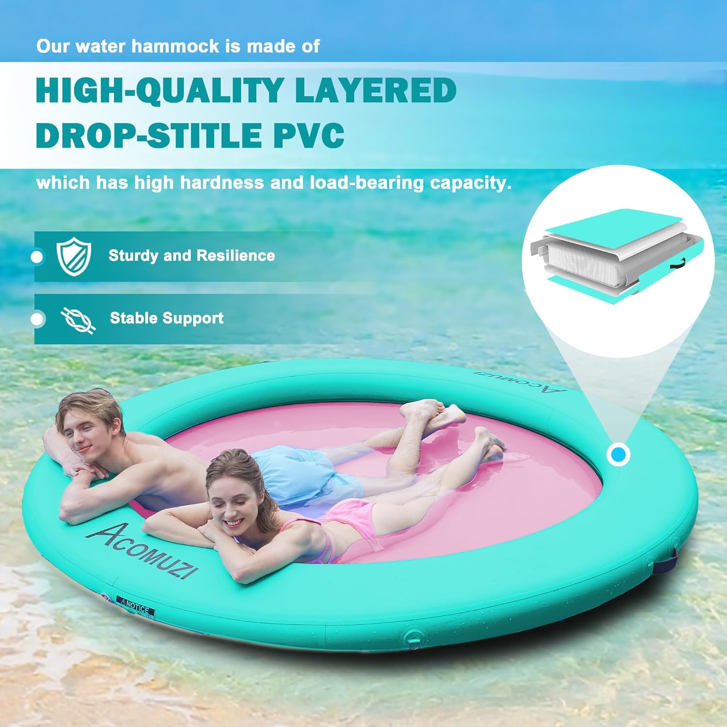 Water Hammock Inflatable Floating Dock, Round Floating Ring Lake Floats for Adults, Mint Green+Pink, 8FT