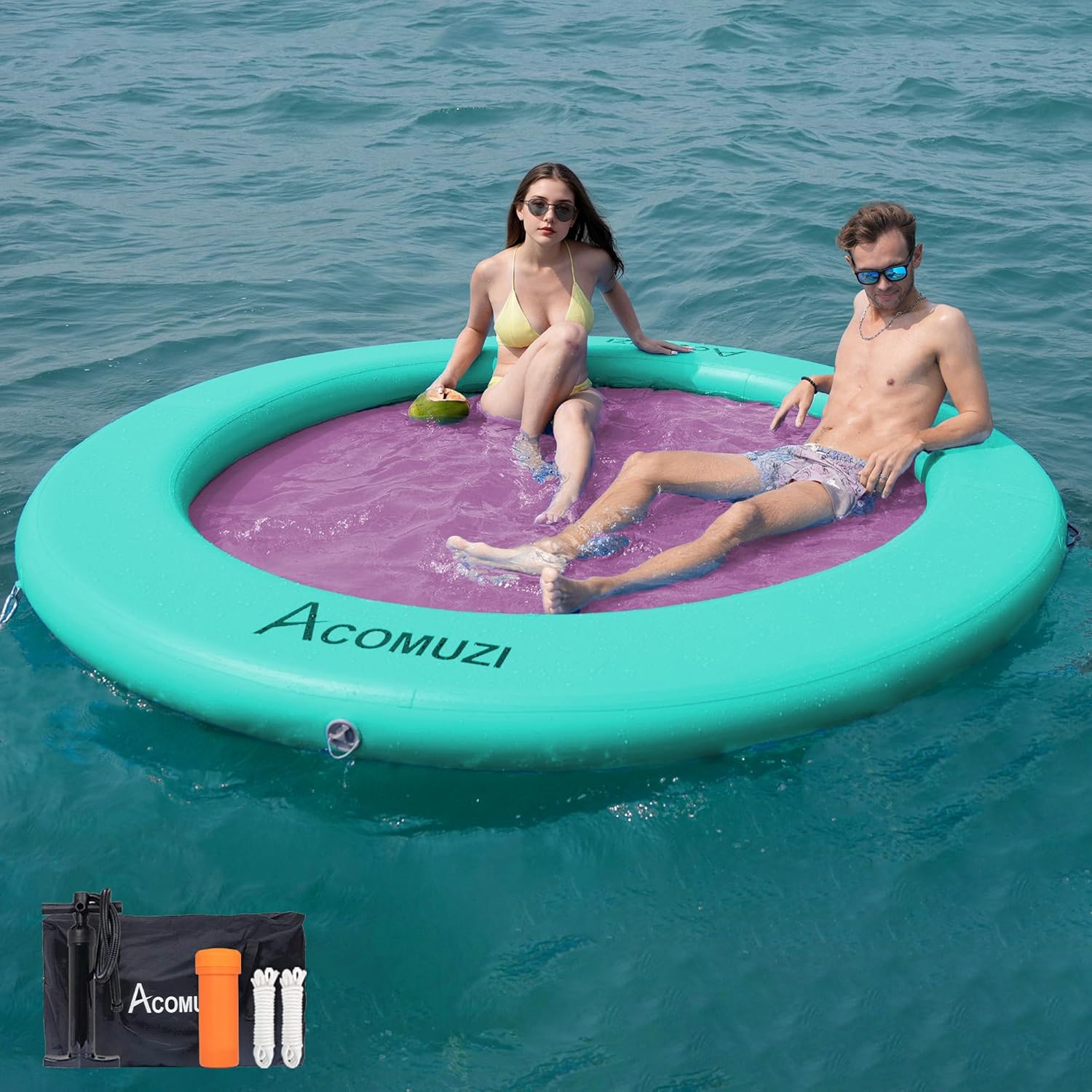 Water Hammock Inflatable Floating Dock, Round Floating Ring Lake Floats for Adults, Mint Green+Pink, 8FT