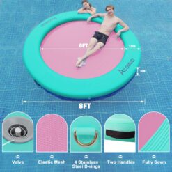Water Hammock Inflatable Floating Dock, Round Floating Ring Lake Floats for Adults, Mint Green+Pink, 8FT